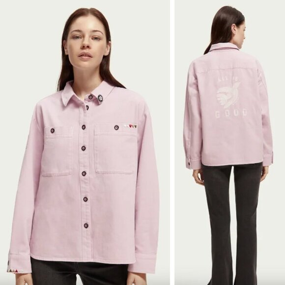 NEW Scotch & Soda Military Shirt Shacket Embroidered Dove Pastel Spring Summer - Picture 1 of 10
